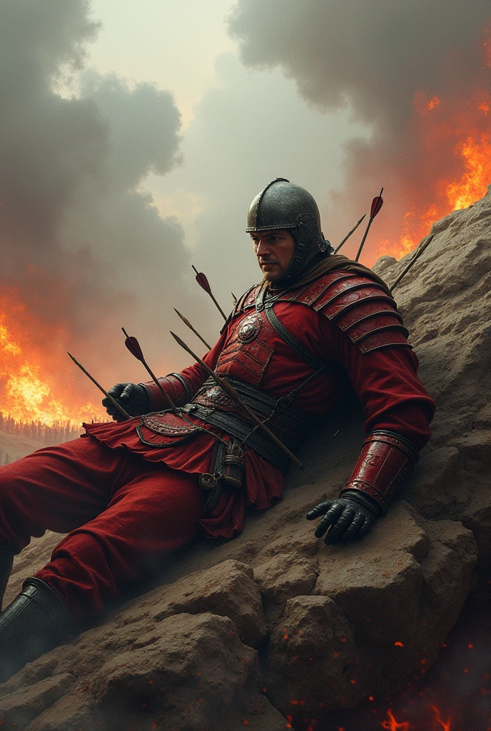 Warrior in red armor and red closed helmet with arrows piercing him, fallen on a slope with the chaotic and burning scene