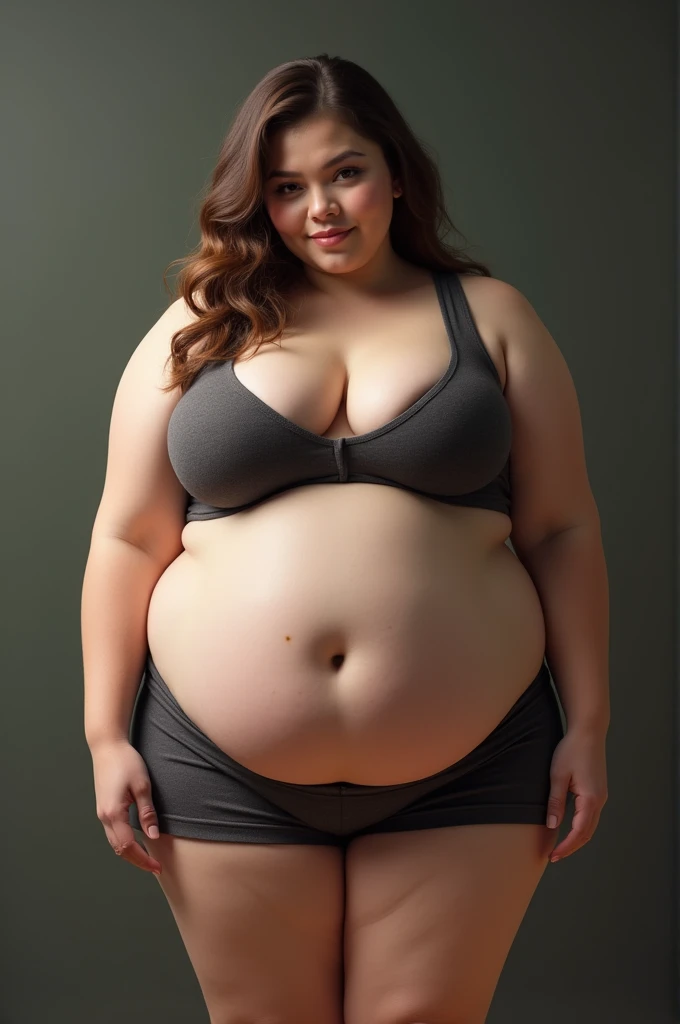 masterpiece, best quality, super detail, 4k, 1 girl, extremely obese, ssbbw, inhumanly massive breasts, tight tanktop, short shorts, brown hair, shy, bent forward.