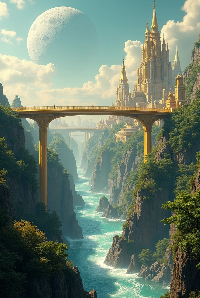 in front, a city stretched beyond a golden bridge. Below the bridge there are some streams of water, how to run through tubes; but there are no tubes, but floating rivers. Further down was the surface of the Moon, gris, dry and pale. The city was golden for the most part, but there were other parts of different colors, too far away to know what they were. Plants grew everywhere, including on the bridge.
