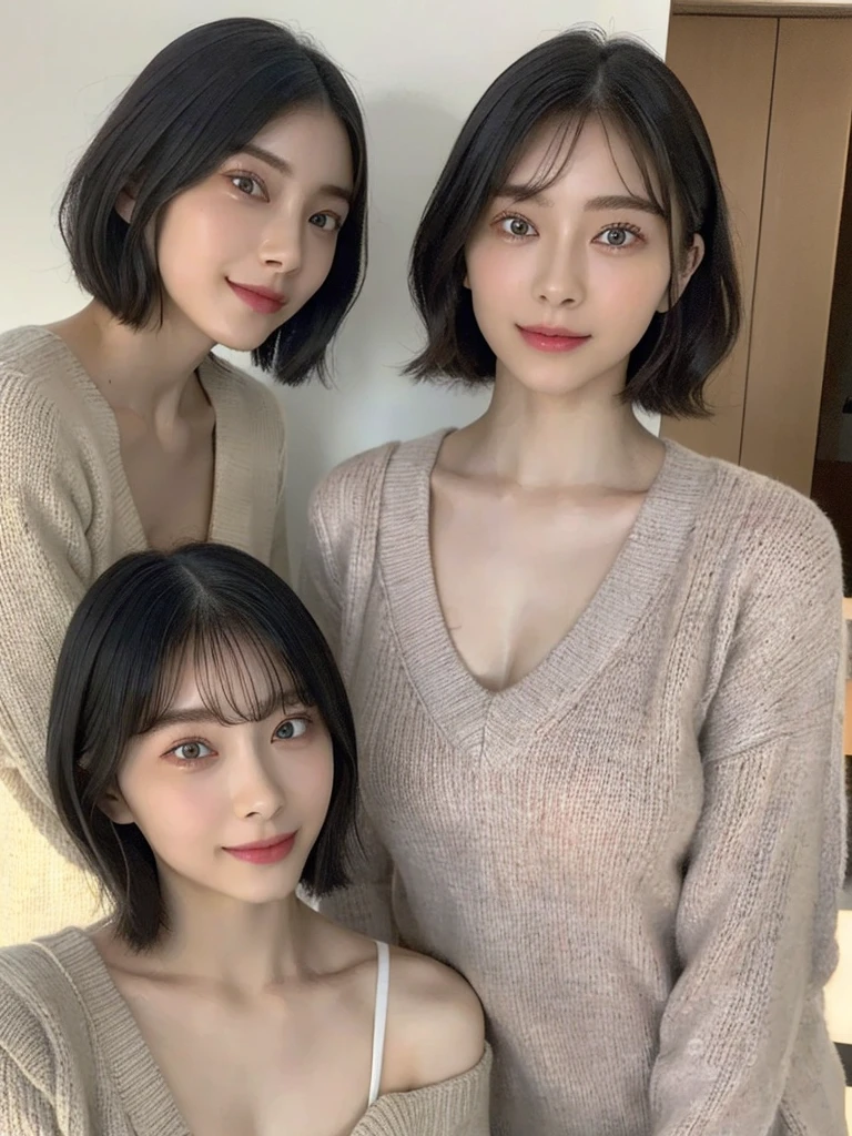 (masterpiece:1.3), (8k, Photoreal, Raw photo, best image quality: 1.4), Japanese high school girl、(random hairstyle:1.2)、cleavage:1.5、super detail face、eye for details、double eyelid、chest to chest、sharp focus:1.2、Beautiful woman:1.4、light brown hair、highest quality、masterpiece、超A high resolution、(Photoreal:1.4)、Highly detailed and professionally lit smiles、loose and light knitwear、shoulder out、thin、serious expression、short haired、deadly position
similar identical twins
All the girls have the exact same face, The two have the same face and figure, as if they were mirror images.