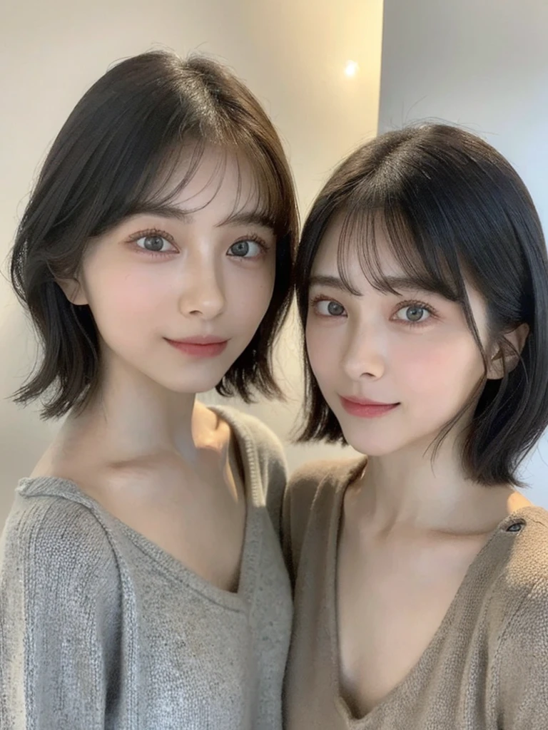 (masterpiece:1.3), (8k, Photoreal, Raw photo, best image quality: 1.4), Japanese high school girl、(random hairstyle:1.2)、cleavage:1.5、super detail face、eye for details、double eyelid、chest to chest、sharp focus:1.2、Beautiful woman:1.4、light brown hair、highest quality、masterpiece、超A high resolution、(Photoreal:1.4)、Highly detailed and professionally lit smiles、loose and light knitwear、shoulder out、thin、serious expression、short haired、deadly position
similar identical twins
All the girls have the exact same face, The two have the same face and figure, as if they were mirror images.