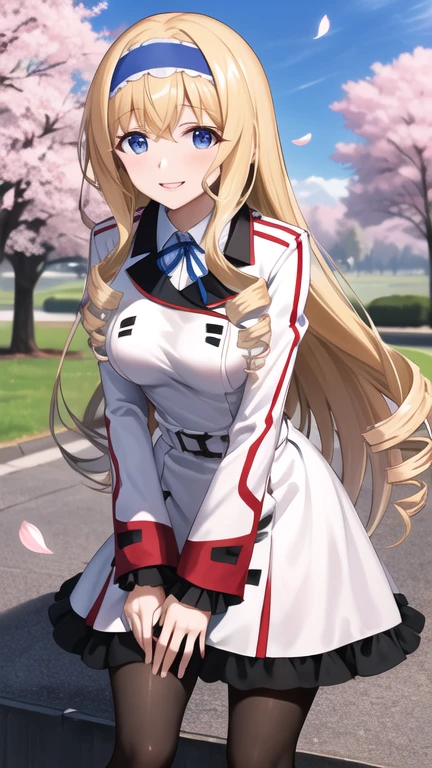 masterpiece, best quality, highres, aacecilia, very long hair, curly hair, drill hair, blue hairband, school uniform, white jacket, white dress, long sleeves, belt, black pantyhose, leaning forward, smile, cherry blossoms, outdoors, cowboy shot, hand on own knee, standing