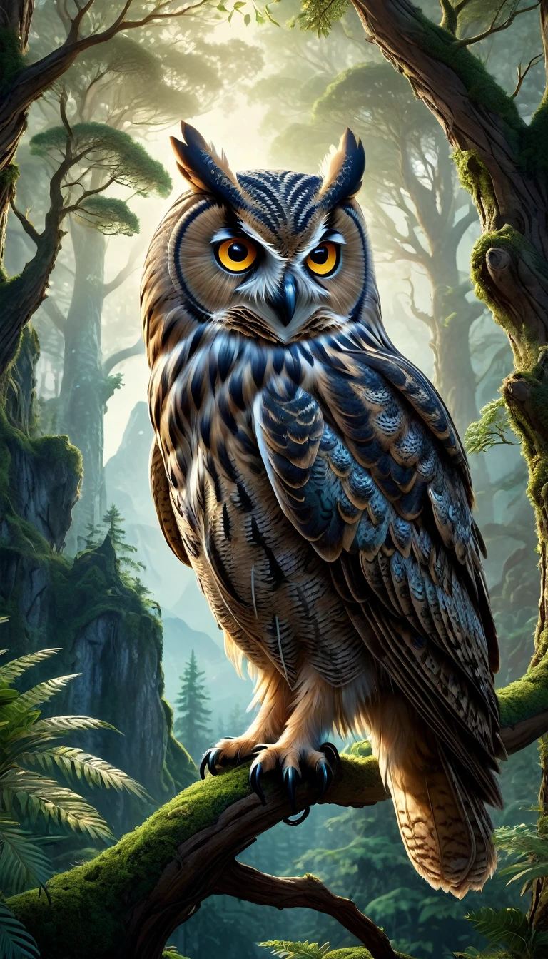 a detailed fantasy landscape, a forest with towering mountains, a large mysterious owl with human-like face and piercing eyes perched on a tree branch, extremely detailed animal features, intricate patterns across its feathers, realistic natural lighting, (best quality,4k,8k,highres,masterpiece:1.2),ultra-detailed,(realistic,photorealistic,photo-realistic:1.37),highly detailed animal,complex patterns,realistic lighting