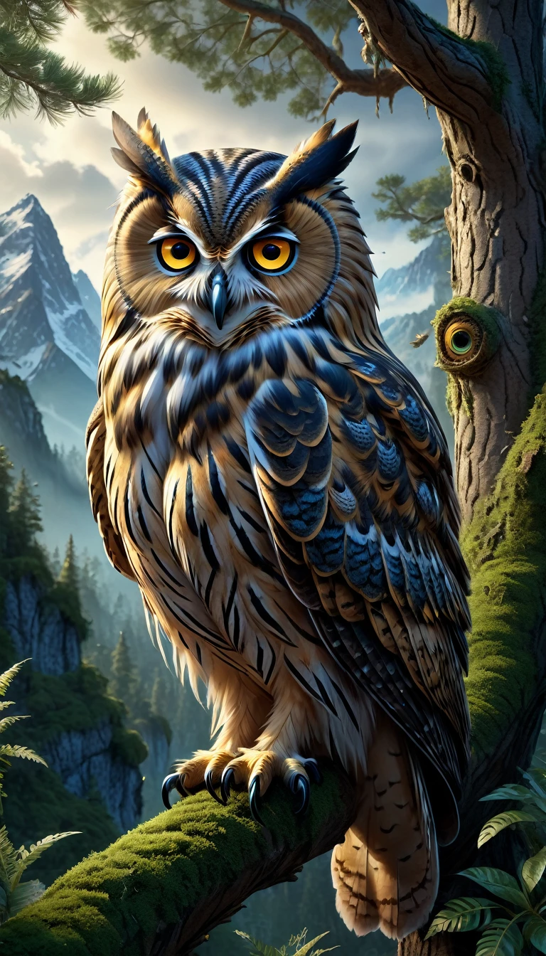 a detailed fantasy landscape, a forest with towering mountains, a large mysterious owl with human-like face and piercing eyes perched on a tree branch, extremely detailed animal features, intricate patterns across its feathers, realistic natural lighting, (best quality,4k,8k,highres,masterpiece:1.2),ultra-detailed,(realistic,photorealistic,photo-realistic:1.37),highly detailed animal,complex patterns,realistic lighting