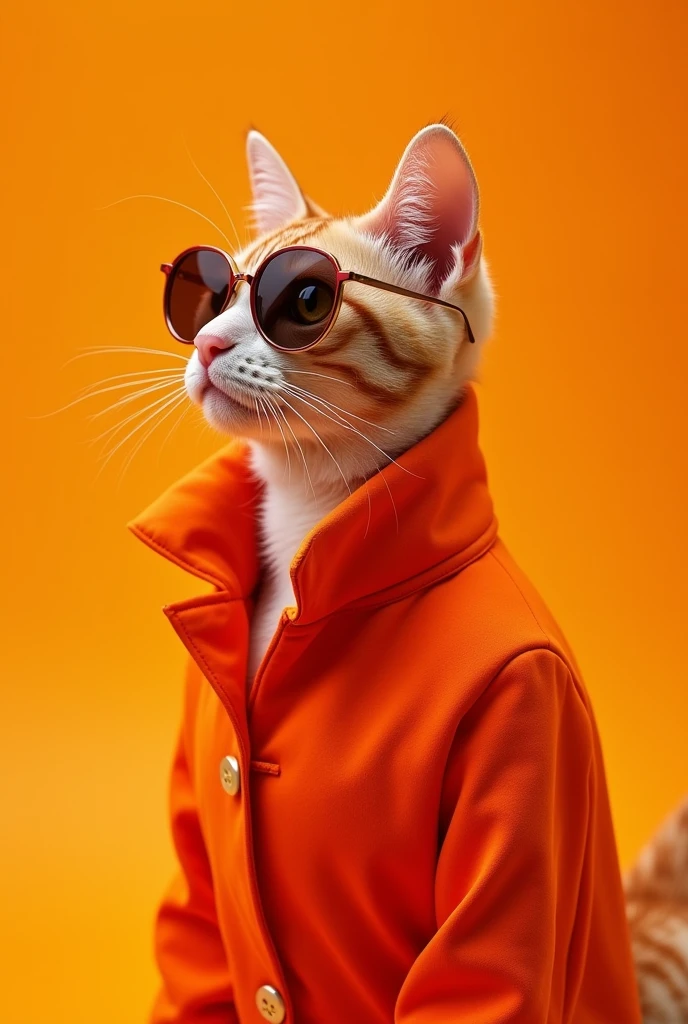 The best cell phone wallpaper, Award-Winning Wallpaper, portrait photography, In the front view is a portrait of a cute cat wearing mid-1960s space-age fashion., Side view photo, Shot with Canon EOS R5, Set a strong contrast that accentuates the subject, Fluorescent orange tone, Wearing a very modern coat and sunglasses is a modern 1960s style, Clothes all in one color, beautiful background