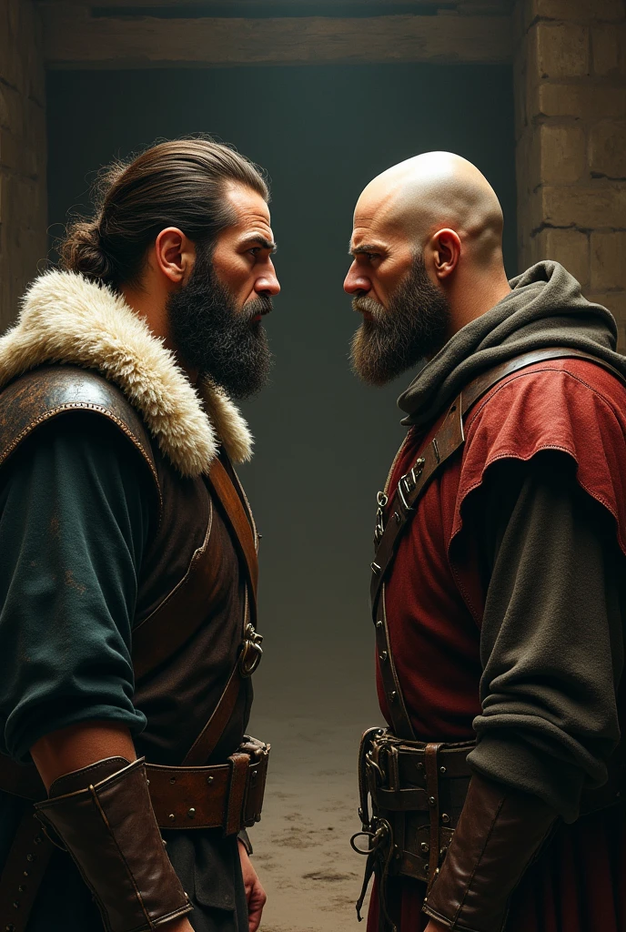 A man with hair says to another bald man "what did you say?" In Medieval style