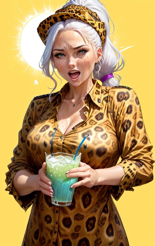 Close-up of a 40-year-old woman wearing a leopard print shirt and hat, Please draw an illustration of a cute girl shouting while holding a drink. Sweat. very hot . summer .Her hair color is white. Her eye color is blue. Her hairstyle is a ponytail . She is in uniform. She's on the cliff . She puts one foot in front of the other.