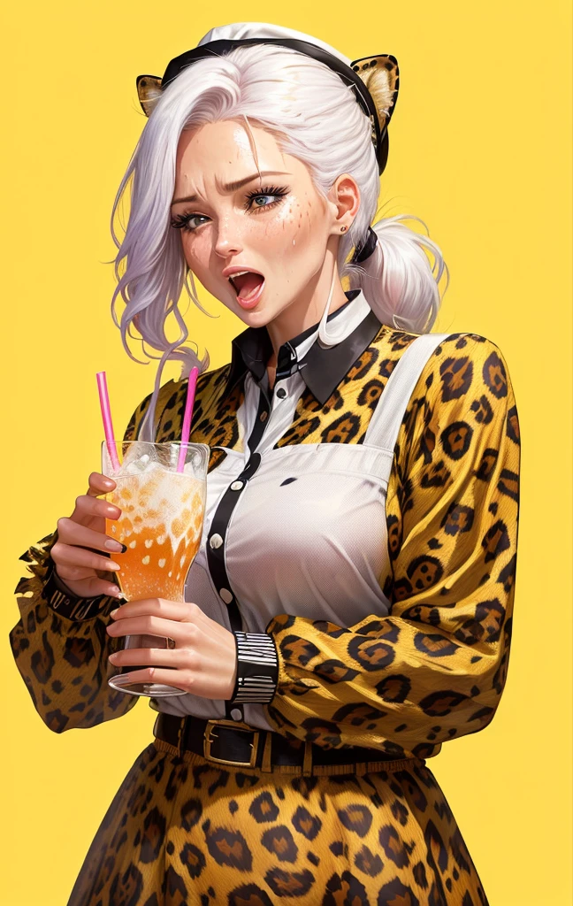 Close-up of a 40-year-old woman wearing a leopard print shirt and hat, Please draw an illustration of a cute girl shouting while holding a drink. Sweat. very hot . summer .Her hair color is white. Her eye color is blue. Her hairstyle is a ponytail . She is in uniform. She&#39;s on the cliff . She puts one foot in front of the other.