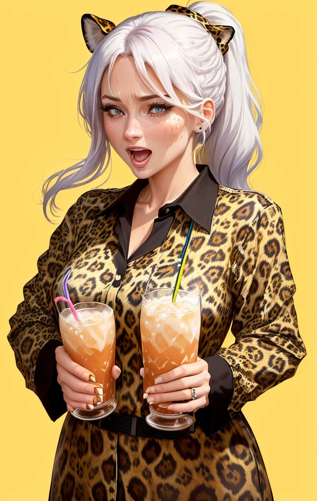 Close-up of a 40-year-old woman wearing a leopard print shirt and hat, Please draw an illustration of a cute girl shouting while holding a drink. Sweat. very hot . summer .Her hair color is white. Her eye color is blue. Her hairstyle is a ponytail . She is in uniform. She's on the cliff . She puts one foot in front of the other.