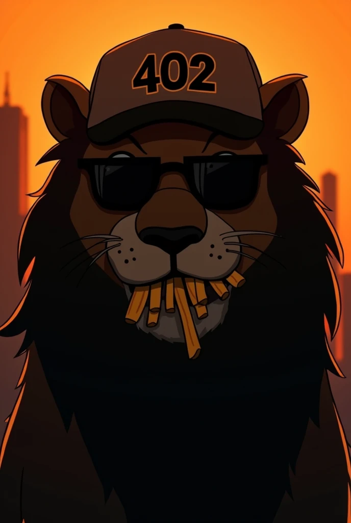 Silhouette of only the front face of an animated lion with an urban flow with completely dark square glasses and a backwards cap that transmits appetite with orange and black colors and on the cap put 402 showing only the silhouette of the face making with French fries in the mouth