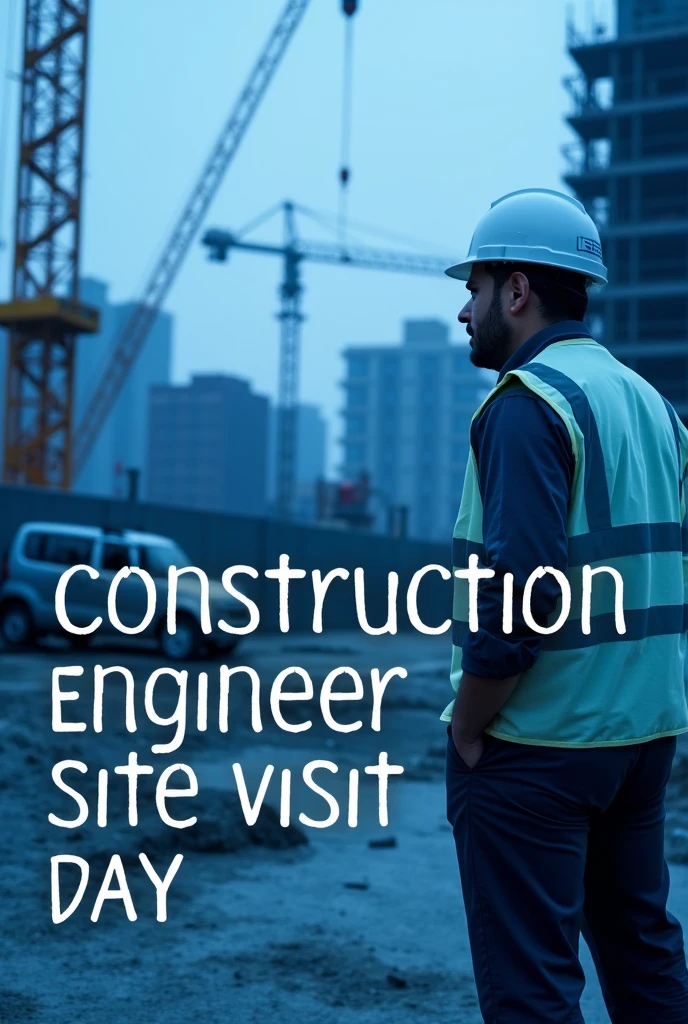 photo of engineer visiting construction site with blue colors and writing "Construction site visit day"