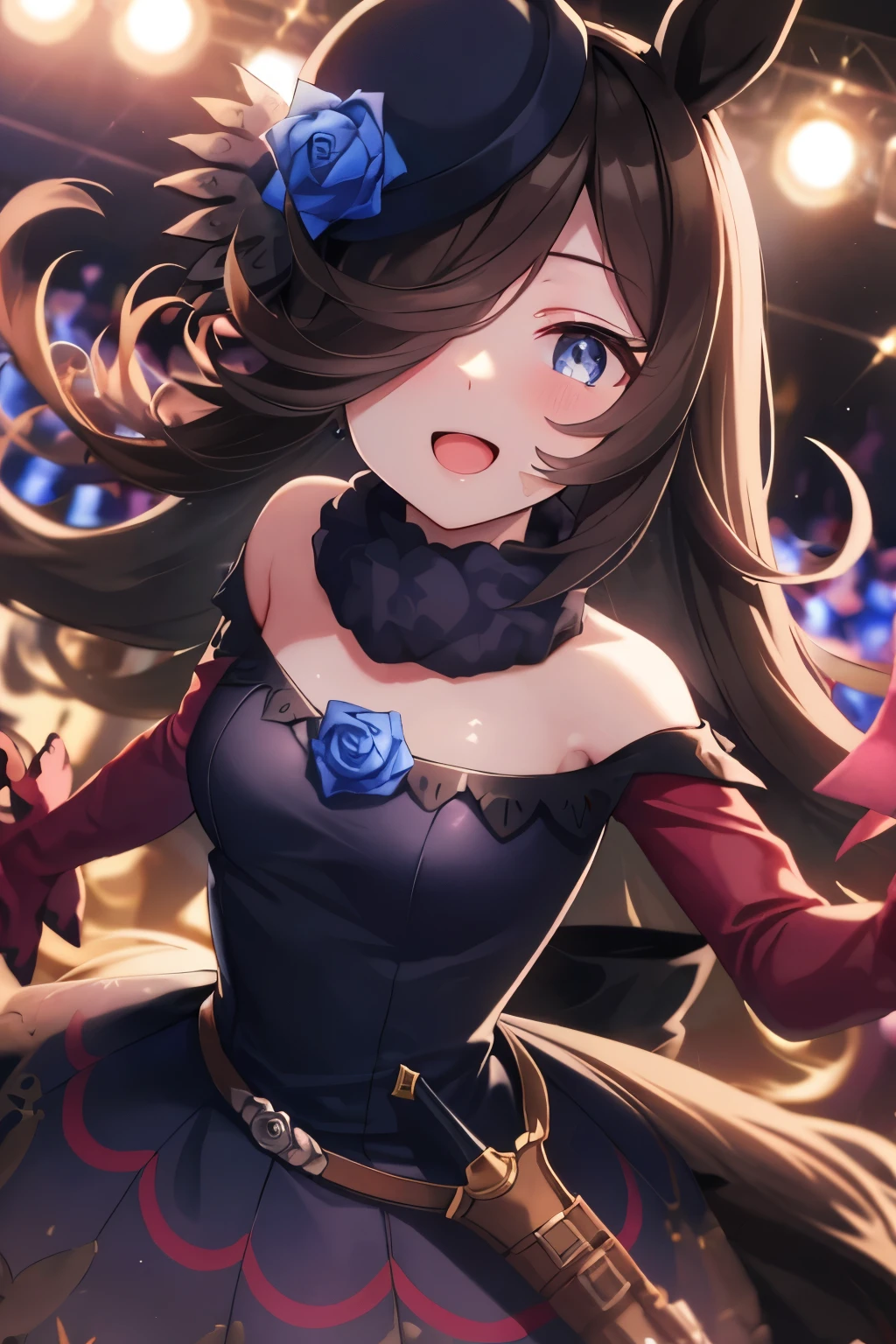 (Tabletop.Highest quality).(Dynamic Angle). (Incredibly detailed CG paintings),(Perfect Image)、Comic Strip.figure.One Girl.Detailed face、Perfect Face.Delicate face、Girl in delicate clothes、Textured skin、Black Hair.length、(Horse-eared girl)Horse-eared girl、((Beautiful Blue Eyes)).Delicate and beautiful eyes、The eyes are detailed、Reflected Eyes、Watery eye、smile.(Staring at the audience:1.3).(Face is a little red:0.8)、8k wallpaper、Cowboy Shot、reflected light、Highest detail、Complex、Delicate background、Textured skin、Detailed skin、(Ultra-high resolution)、