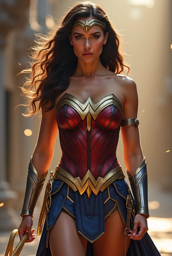 Wonder Woman: A Modern Goddess

Imagine Wonder Woman, a timeless icon of strength and beauty, reimagined for a new generation. Her classic costume, a symbol of Amazonian power, is reinterpreted with a contemporary twist.

The iconic star-spangled tiara remains, but its design is more sleek and streamlined, accentuating her regal bearing. The lasso of truth, her most recognizable weapon, is crafted from a luminous, ethereal material, its golden hue shimmering with cosmic energy. Her bracelets, forged in the heart of a dying star, are adorned with intricate, celestial symbols, granting her superhuman strength and durability.

Her costume itself is a marvel of modern design. The corset, a nod to her Amazonian heritage, is crafted from a flexible, metallic material that contours to her body, emphasizing her athletic physique. A flowing skirt, slit to the thigh, allows for unrestricted movement, while maintaining an air of elegance. The colors remain true to the original: deep blue for the sky and stars, and fiery red for passion and courage.

But it’s not just her costume that has evolved. Wonder Woman's image is one of both power and grace. Her eyes, the color of the deepest ocean, hold the wisdom of ages and the strength of a warrior. Her pose is confident and commanding, her stance suggesting a lifetime of training and battle. She is a symbol of hope, a beacon of justice, and a testament to the enduring power of the human spirit.

Key elements of this redesign include:

Modern materials: Incorporating futuristic materials like metallic fabrics and energy-infused metals.
Enhanced functionality: The costume is designed to be both visually striking and highly functional, allowing for maximum mobility and protection.
Emphasis on femininity: While maintaining her warrior persona, the design highlights her feminine curves and elegance.
Cultural significance: The costume retains key elements of Amazonian culture and mythology.
This modern interpretation of Wonder Woman is a