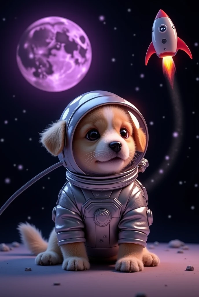 An adorable little dog wearing a shiny astronaut suit with a transparent helmet, watching a SPACE X rocket pass over a stylized purple moon. The moon features craters and textures, and the background is deep black, creating a contrast that makes both the dog and the moon stand out. The dog has a cute, expressive face, with bright eyes visible through the helmet visor. The spacesuit has a metallic look with a connected pipe, and the image as a whole is designed in a whimsical, charming style.