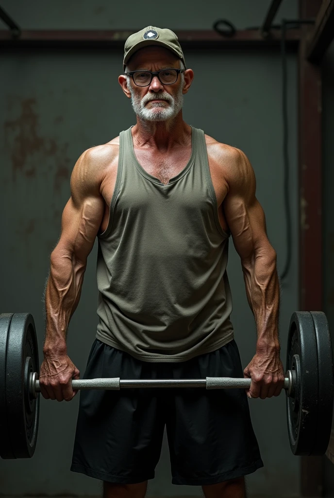 dark man, stark, No beard and glasses, at 65 years old, training at the gym. He wears a cap, a tank top and black shorts. He holds a barbell weighing 15 kg on each side with both hands..