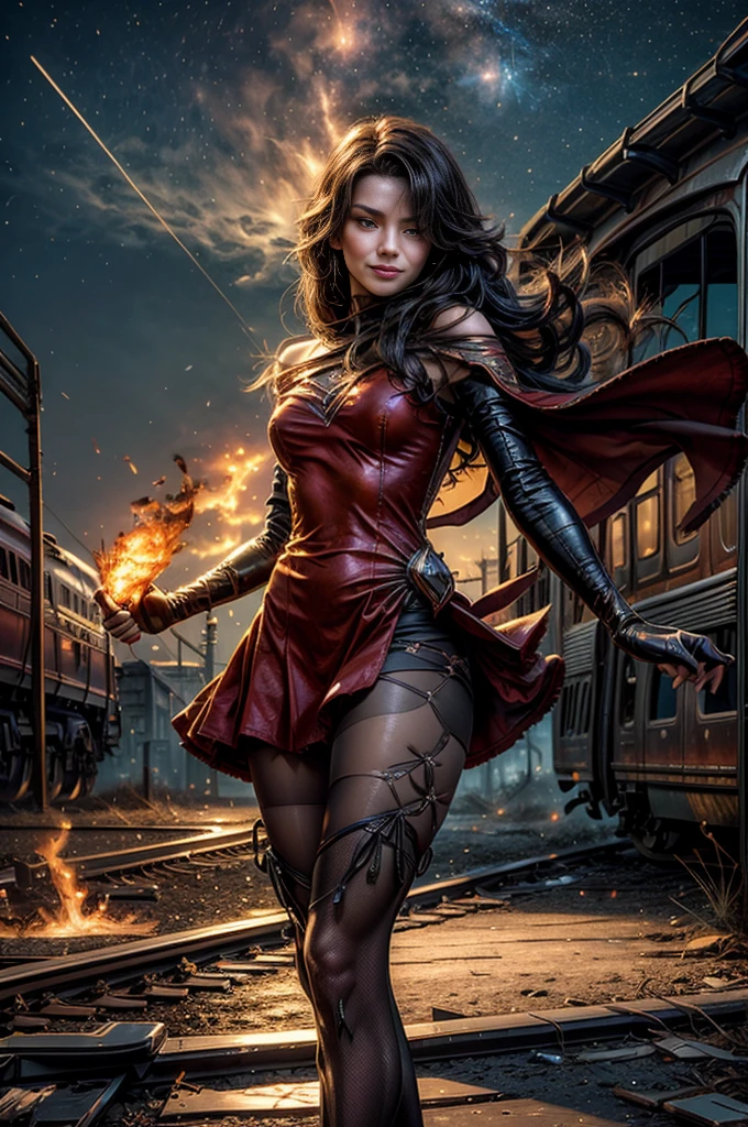 (masterpiece, best quality:1.2), cowboy shot, solo, 1girl, cinder fall, looking at viewer, long hair, red dress, elbow gloves, pantyhose, dynamic pose, next to wrecked bridge, wrecked train, holding fire, night, stars, closed mouth, evil smile, post-apocalypse, dystopian future crowd, (volumetric lighting), sharp focus, hyper detailed
