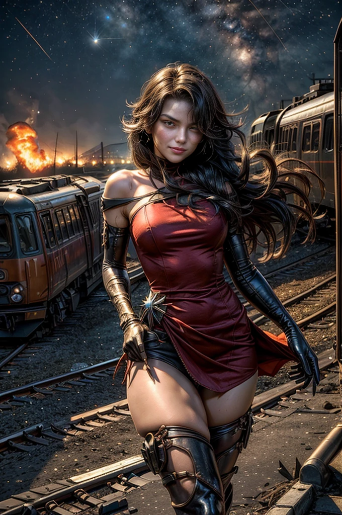 (masterpiece, best quality:1.2), cowboy shot, solo, 1girl, cinder fall, looking at viewer, long hair, red dress, elbow gloves, pantyhose, dynamic pose, next to wrecked bridge, wrecked train, holding fire, night, stars, closed mouth, evil smile, post-apocalypse, dystopian future  crowd, (volumetric lighting), sharp focus, hyper detailed 