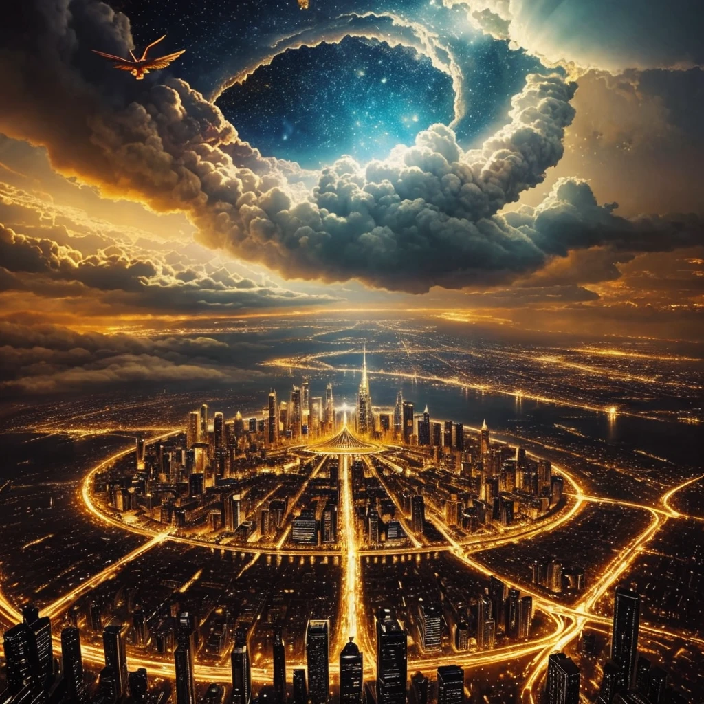 A painting of a city with angels flying around, internal、Empyrean City.Luxury Bank、golden cityscape, , Esoteric equation heaven, heaven on earth, Art, breathtaking,, Apocalyptic City, City in the clouds, Elaborate dark paint