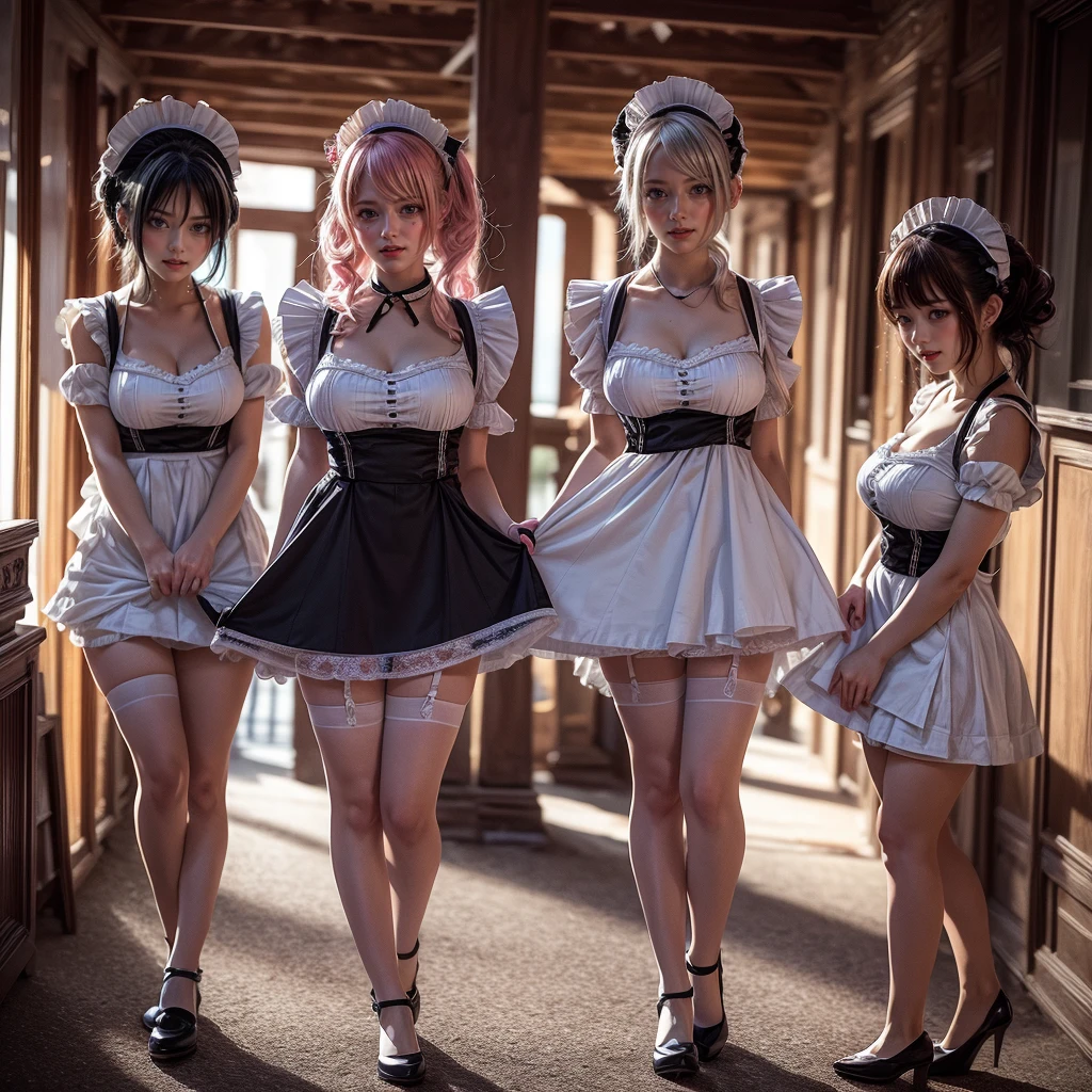 (Full Body of Extremely Detailed((Kawaii Maid Group in a row:1.37))), Childish perfect face, Reflective Eyes, Detailed(Delicate Clothing textures), Correct Leg Line, Dynamic Joyful Expressions LifeLike Rendering, Specular Reflection, TopQuality 8K Ultra-detailed masterpiece (ProfessionalPhoto:1.37), (Acutance:0.8), (Luminism:1.28), (Renaissance art style), Colorful Light particles, ((Full body from side)), {MicroMini(SkirtLift)|Kissing|Breast Lifting|Undressing|Thigh Gap}, Radiant Fine Skin with Transparency, (Exposed:0.5), (Different types of Anime hair color){Pink Hair|Light Blue Hair|Pure White Hair}, Perfect Lighting