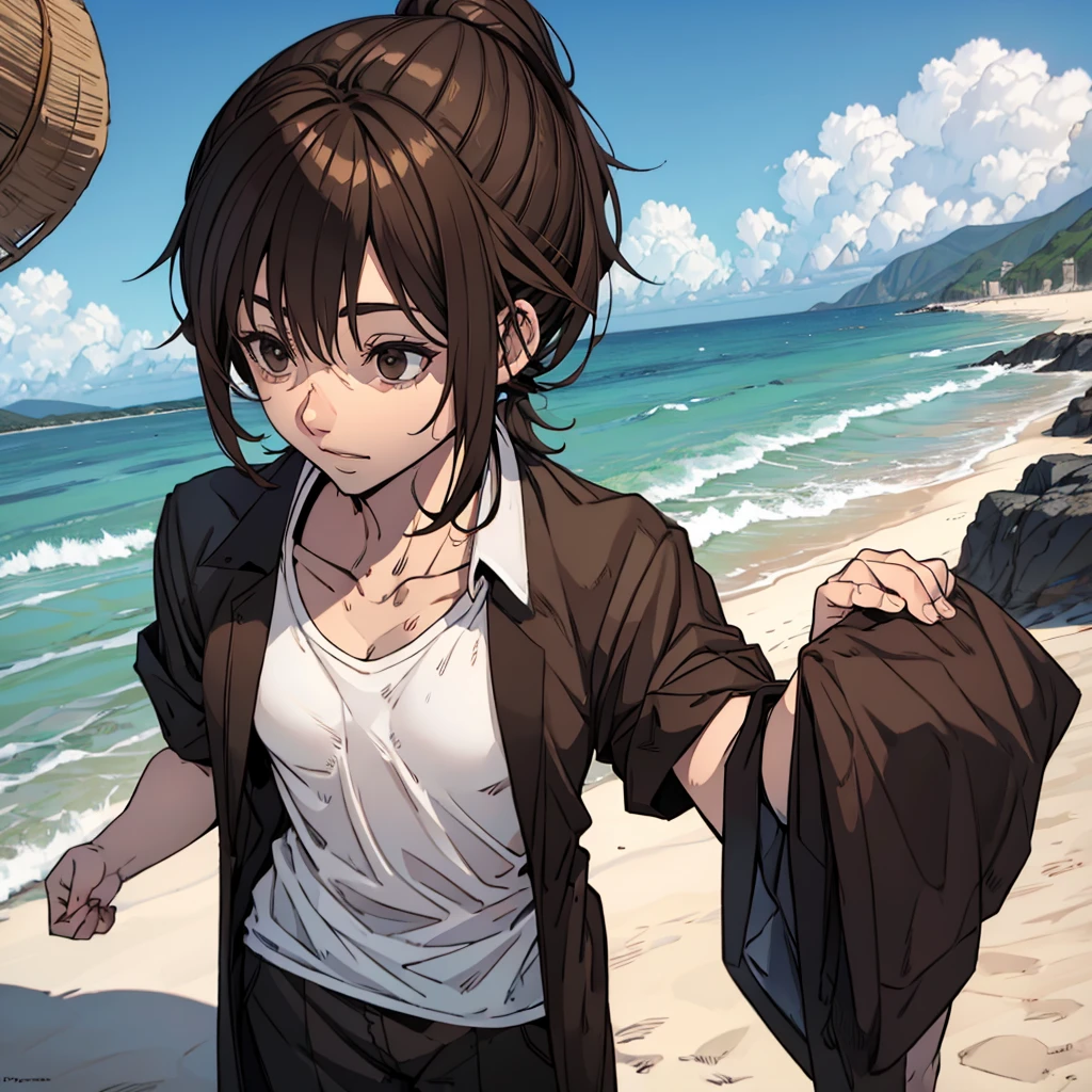 A beach man with a shirt, brownhair, fully body