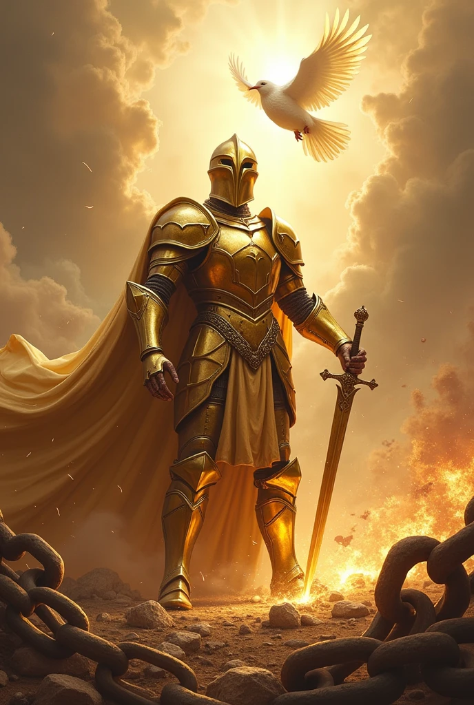 fund: WITH A LIGHT FROM THE SKY a battle landscape, to create a sense of conflict and intensity.

soldier: At the center, a soldier in shining GOLD COLOR armor, with shimmering metallic details. Armor must be detailed and imposing, reflecting light to create a glowing effect.

elsword: The soldier is holding a sword firmly, and the blade should look sharp and powerful. The sword may be cutting chains that are falling apart around it.. Chains can be represented with iron details, some breaking or falling apart.

chains: The mooring chains may be visibly breaking or being cut by the sword. You can show some of them falling to the ground and others still partially attached., to emphasize the act of liberation.

Additional Elements:A DOVE OF THE HOLY SPIRIT FLYING Depending on the style you want, you can add details like glow around the sword, sparks of energy, or a subtle shine on the armor to increase the visual impact.