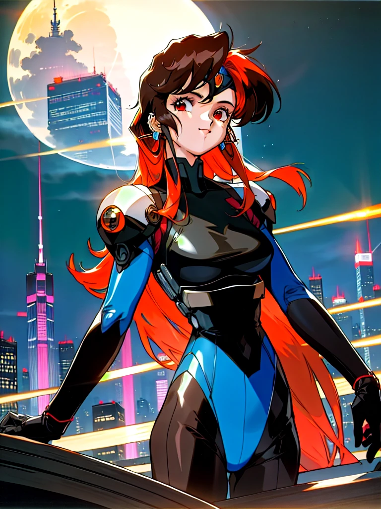 Kenichi Sonoda, retro art-style, 90s Japanese Anime Style, "bubblegum crisis", Sci-fi, Cyberpunk, Neon, Dystopia, (Amid the neon-soaked skyline of towering skyscrapers in mega Tokyo, 20-year-old anime beauty Pris stands alone on a gleaming skyscraper spire, bathed in the dazzling glow of the full moon. Her striking features are accentuated by a dark blue metal hard suit adorned with vibrant orange lines inspired by Syd Mead's industrial machine designs. Her brown medium-length hair frames her piercing gaze while she flashes a confident smile at the viewer. With fearless determination etched on her face, Pris is imposing and her entire presence exudes an aura of cool, stylish elegance. The smooth curves of her shadow, backlit by the moon, create a captivating silhouette, showcasing her unparalleled charm. A beauty under the watchful eye of the city's towering skyscrapers.), 1girl, solo, The main character, "Priss", 20yo, anime beauty, Cool beauty, Unparalleled beauty, Brown medium length hair, red eyes, Cold and sharp eyes, harsh brushstrokes, dramatic lighting, A dark blue metal hard suit with orange lines has a sophisticated design, fearless look, an expression of ridicule, smile, Standing alone in the backlight, she looks cool and stylish, Standing, looking at viewer, close-up photography of upper body, bust shot, Depth of field, character focus, (masterpiece, anime cg, official art, work of art, Award-winning work, extreme quality, ultra high definition, all intricate, overall detailed, finely detailed, super detailed, very aesthetic, boast pompously, focus on entire screen, asymmetrical, raytraced, caustics, textile shading, incredibly absurd resolution, absolutely resolution, ultra high resolution, professional, vivid colors, perfect anatomy, ideal facial features, Beautifully detailed face, Beautifully detailed eyes, ideally proportioned figure, perfectly beautiful body),