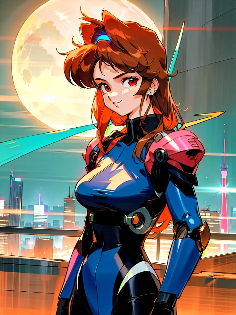 Kenichi Sonoda, retro art-style, 90s Japanese Anime Style, "bubblegum crisis", Sci-fi, Cyberpunk, Neon, Dystopia, (Amid the neon-soaked skyline of towering skyscrapers in mega Tokyo, 20-year-old anime beauty Pris stands alone on a gleaming skyscraper spire, bathed in the dazzling glow of the full moon. Her striking features are accentuated by a dark blue metal hard suit adorned with vibrant orange lines inspired by Syd Mead's industrial machine designs. Her brown medium-length hair frames her piercing gaze while she flashes a confident smile at the viewer. With fearless determination etched on her face, Pris is imposing and her entire presence exudes an aura of cool, stylish elegance. The smooth curves of her shadow, backlit by the moon, create a captivating silhouette, showcasing her unparalleled charm. A beauty under the watchful eye of the city's towering skyscrapers.), 1girl, solo, The main character, "Priss", 20yo, anime beauty, Cool beauty, Unparalleled beauty, Brown medium length hair, red eyes, Cold and sharp eyes, harsh brushstrokes, dramatic lighting, A dark blue metal hard suit with orange lines has a sophisticated design, fearless look, an expression of ridicule, smile, Standing alone in the backlight, she looks cool and stylish, Standing, looking at viewer, close-up photography of upper body, bust shot, Depth of field, character focus, (masterpiece, anime cg, official art, work of art, Award-winning work, extreme quality, ultra high definition, all intricate, overall detailed, finely detailed, super detailed, very aesthetic, boast pompously, focus on entire screen, asymmetrical, raytraced, caustics, textile shading, incredibly absurd resolution, absolutely resolution, ultra high resolution, professional, vivid colors, perfect anatomy, ideal facial features, Beautifully detailed face, Beautifully detailed eyes, ideally proportioned figure, perfectly beautiful body),