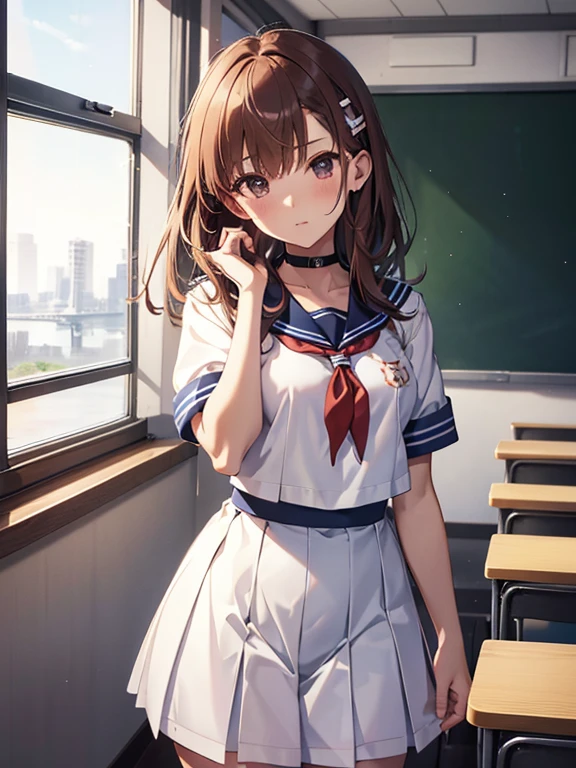 Sailor suit, The background is the classroom, Misaka Mikoto, 1girl, black choker, uhd, retina, masterpiece, ccurate, anatomically correct, textured skin, super detail, high details, high quality, best quality, highres, 4K