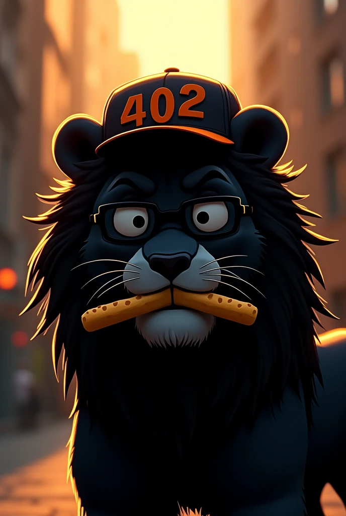 Silhouette of only the front face of an animated lion with an urban flow with completely dark square glasses and a backwards cap that transmits appetite with orange and black colors and on the cap put 402 showing only the silhouette of the face making with French fries in the mouth