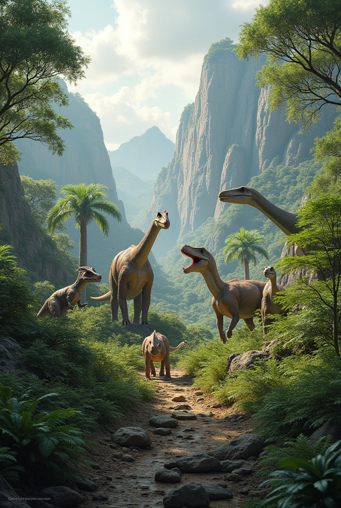 Dinosaurs in a prehistoric landscape.