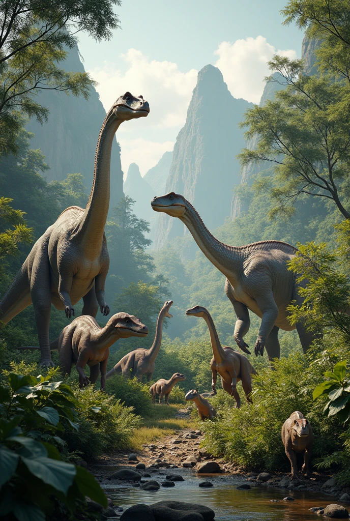 Dinosaurs in a prehistoric landscape.