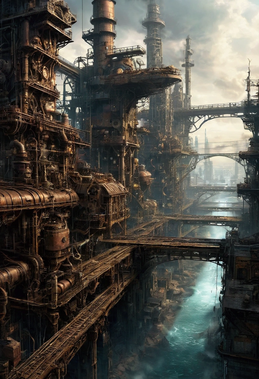 cyberpunk cityscape, Skyline of buildings, social decay perspective from below, Buildings packed with exposed gears and pipes, dim light illuminating the irregular structures, submerged soil covered with mechanical devices, Gears turning and thick pipes whistling, Covered bridge with intricate designs, smoky weather with chimneys spewing steam, staggered cables crossing the sky, raindrops reflecting the chaotic beauty of the scene.
INFORM