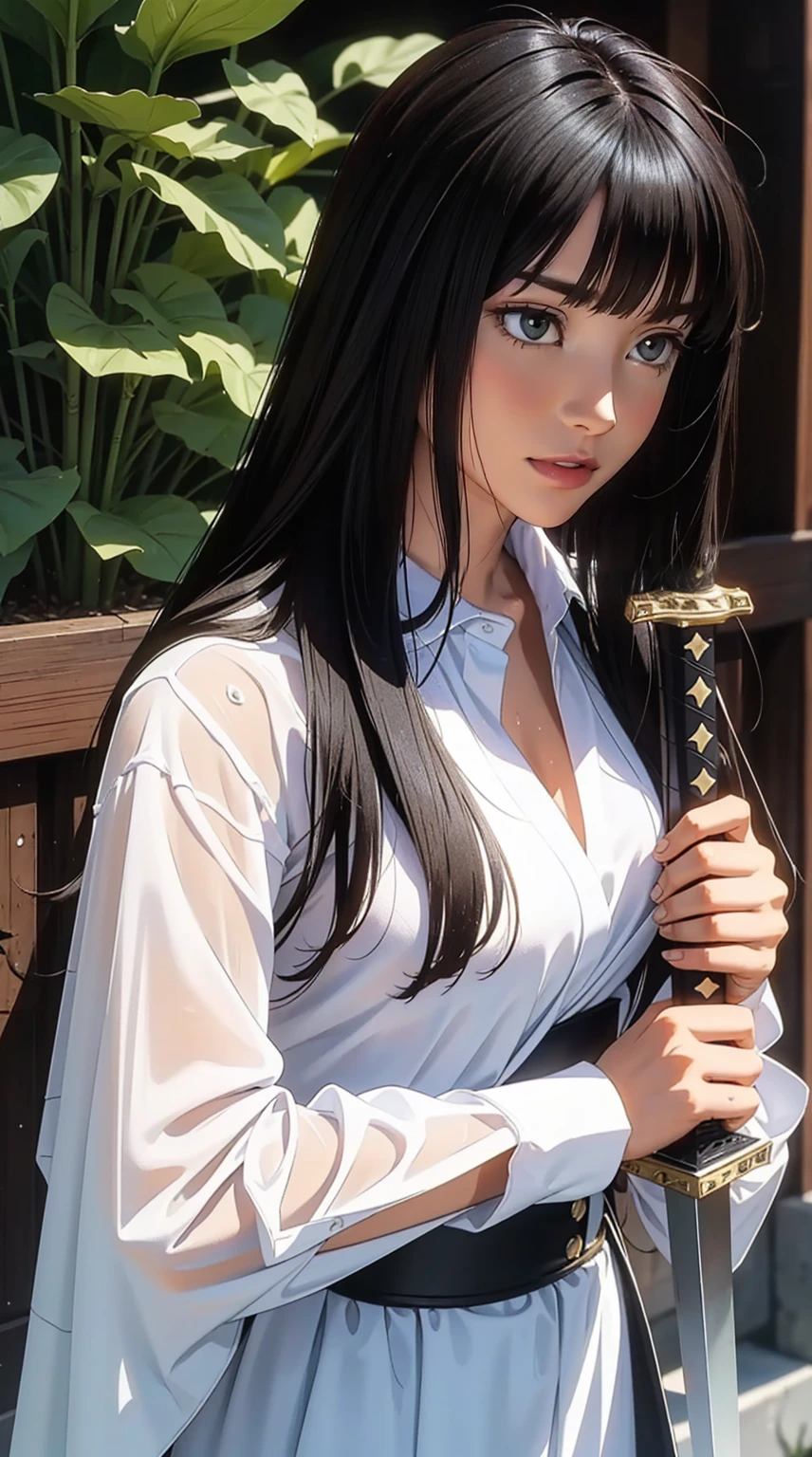  (best quality: 1.2), clean face, (masterpiece: 1.2, 8k) perfect anatomy, 1girl,a beautiful fashion model ,(masterpiece, official art, best quality ,long and shiny hair,, ，Bigchest，Revealing Outfit， Wet straight hair， Sweating profusely，best qualtiy，，，ultra - detailed，facing at camera，A high resolution，ultra - detailed），Very long hair，Combat posture，Sword in one hand, blunt bangs