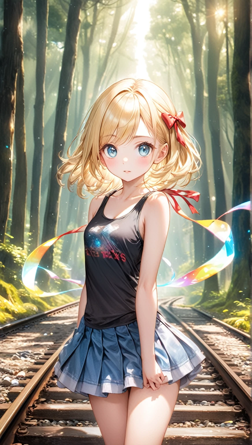 (Highest quality,8k,32K,masterpiece,Ultra-high resolution :1.2 ),born,One person,Super cute,Natural light,Clear, shining eyes,20-year-old,Fair skin,On the tracks,Electronic world fantasy background,A deep background,Blonde,Tank top,ribbon,mini skirt,Artistic,Fantasy,Beautiful scenery,whole body,forest