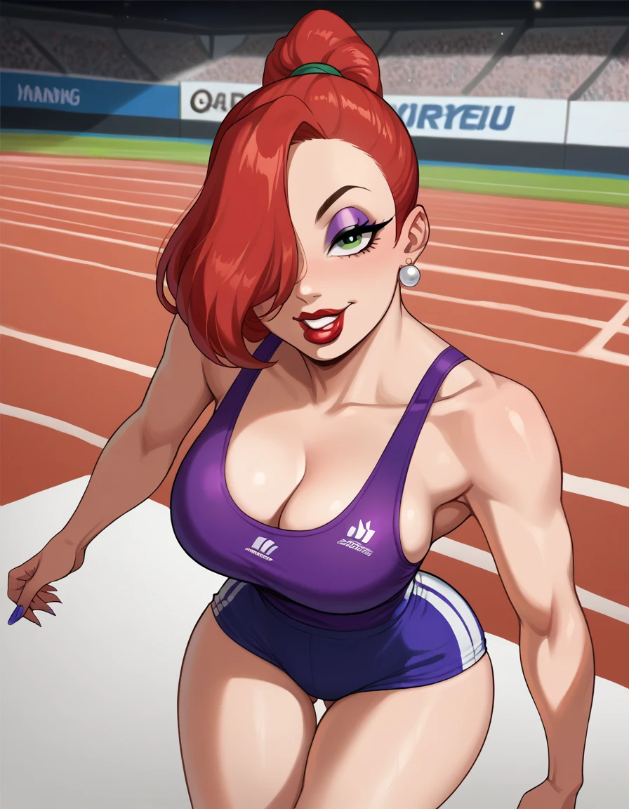 score_9, score_8_up, score_7_up, source_anime, 1girl, red hair, long hair, hair over one eye, green eyes, lipstick, makeup, earrings, competition sports, (purple tank top), (large purple buruma), Stadium full of people. Olympics. white trims, best quality, expressive eyes, short ponytail, high ponytail,, realistic BREAK 1girl, solo.  looking at viewer, dutch angle, looking up, smile, (big hips), hourglass body, happy, thigh gap, lips, red lips, lipstick,  BREAK parted lips,nail polish, ((narrow waist)), looking at viewer, thighs, indoors, 