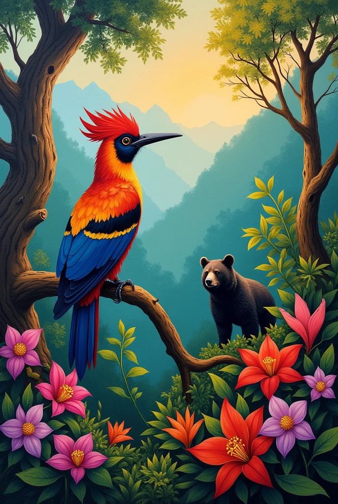 You could create a painting that captures the essence of your locality by combining fauna and flora in a harmonious way.. One idea would be to paint a landscape in which the cock-of-the-rock is perched on a branch of a tree., surrounded by blooming orchids, while, In the background, The silhouette of a spectacled bear can be seen walking through the vegetation. You could play with the bright colors of the flowers and the feathers of the cock-of-the-rock., contrasting them with the darker, earthier tones of the bear and the natural surroundings. This would highlight the biodiversity of your area and could convey a message of coexistence between species in their natural habitat..