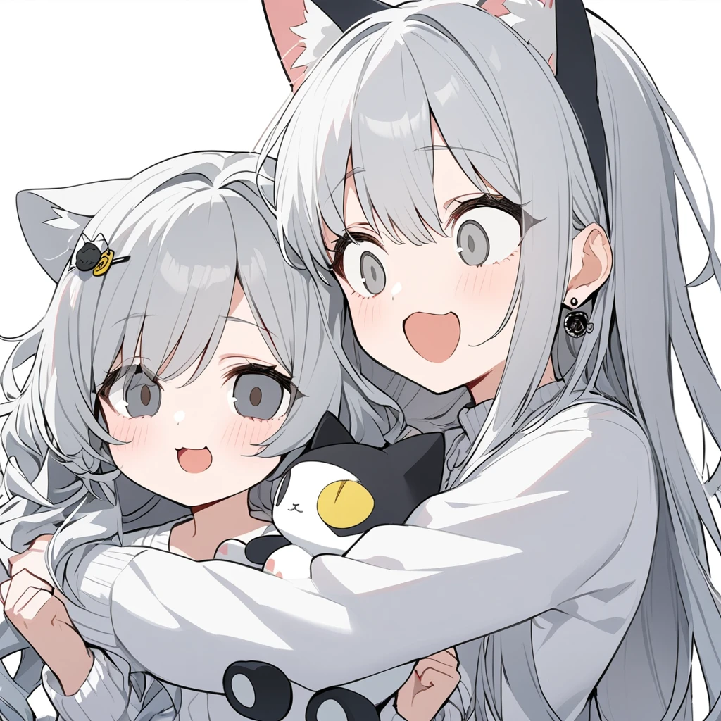 ２girl，Cat ear，Long Hair, Gray Hair,White inner hair, Open your mouth, smile, Panicked, An illustration where the pupil does not overlap with the lower lash line, The lower half of the eye is white, Hollow Eyes,Gray Eyes, Larger clothes, Sleeves are longer than the wrist, , White cardigan, White ribbon, Earrings, Stuffed Animals, White Background, ２, alone, hairpin，Embrace，Cat ear,Style 5,