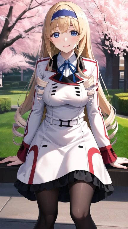 masterpiece, best quality, highres,  aacecilia, very long hair, curly hair, drill hair, blue hairband, school uniform, white jacket, white dress, long sleeves, belt, black pantyhose, leaning forward, smile, cherry blossoms, outdoors, cowboy shot, hand on own knee, standing