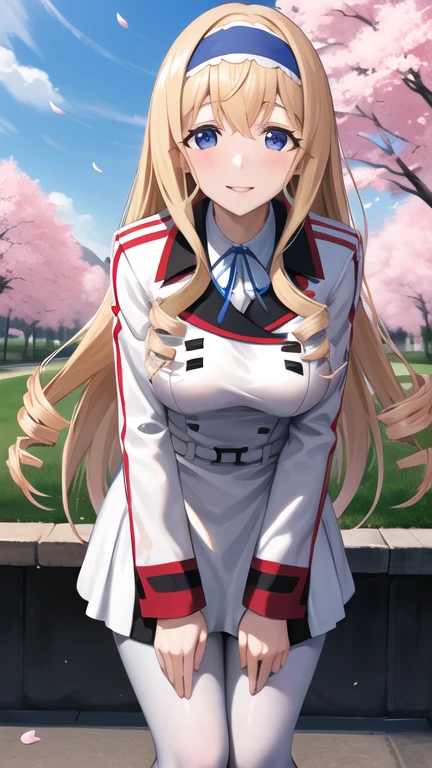 masterpiece, best quality, highres,  aacecilia, very long hair, curly hair, drill hair, blue hairband, school uniform, white jacket, white dress, long sleeves, belt, black pantyhose, leaning forward, smile, cherry blossoms, outdoors, cowboy shot, hand on own knee, standing