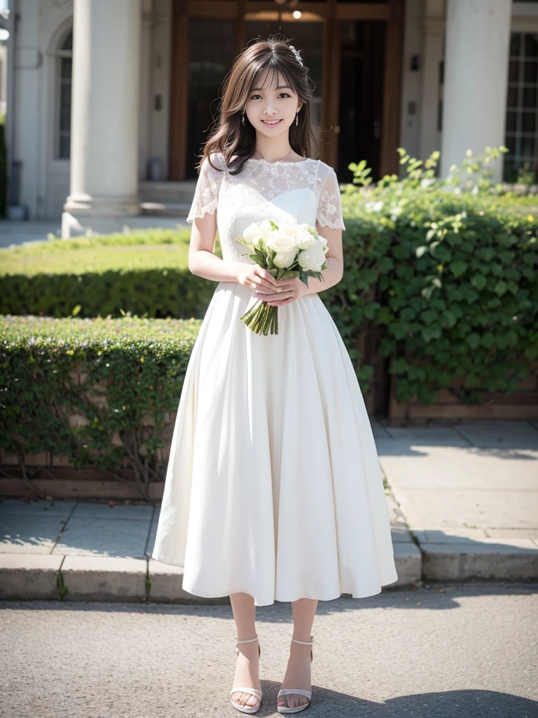Photo-realistic quality、a woman in a Wedding dress holding a bouquet of flowers、Standing in front of the church、20 year old Japanese model、白のWedding dress,Hanae Mori style wedding dress、Japanese Idol、lace prom dresses、looking at the camera、Cute smile、Handsome、Clean atmosphere、Relaxed and gentle expression、tsnndrinsholding a bouquet, Wedding dress, So magical and dreamy、35mm Lens aperture F2.Shot at 8、Full body photo、From head to toe、A long, wide wedding dress that covers the feet、Narrow waist