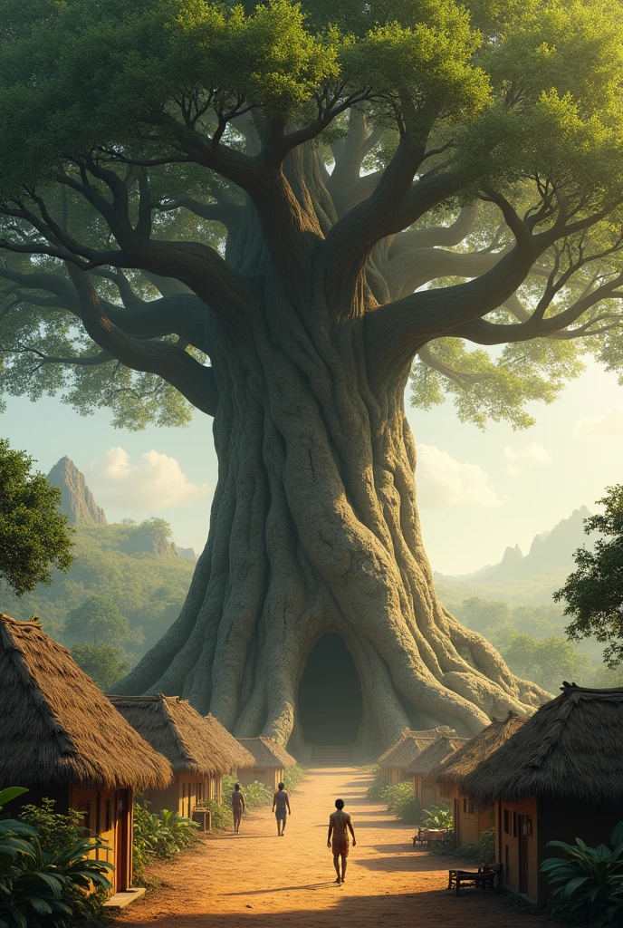 Majestic Sacred Tree at the Center of a Village: A large, ancient tree with sprawling roots and thick branches towering over a small African village. The tree's presence is powerful, almost divine, with a golden light filtering through its leaves, symbolizing its sacredness.