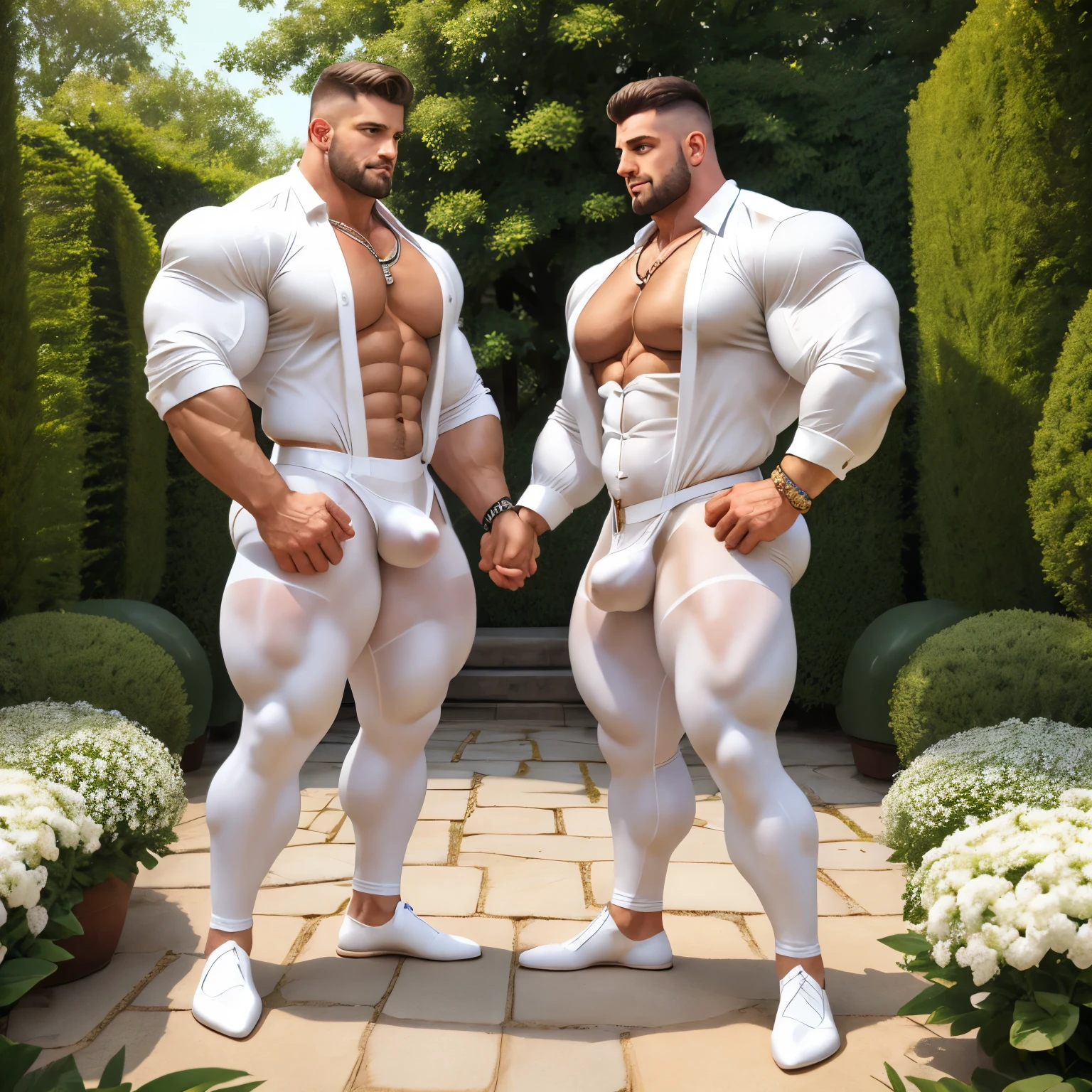 full view, full body, 2 big over-muscular bodybuilded white men with undercut haircuts, wearing regencey era silk clothing and white silk stockings, shoes off, dozens of golden rings, necklaces, bracelets, white Shirts with laces unbuttoned showing over-inflated pecs and abs. Sleeves extremly tight around big bulbous over-inflated biceps. Handsome. Looking at each other. Nearly touching hands. Standing in an elaborate garden 'à la française', their feer through white stockings are visible