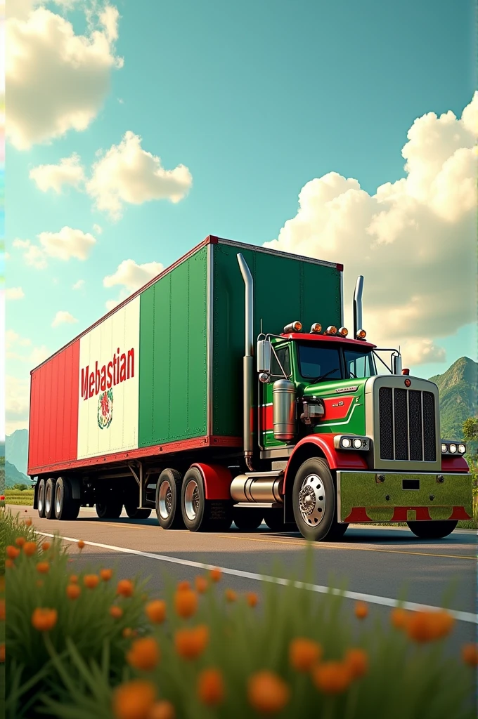 Tractor trailer with the colors of the Mexican flag with the word Sebastian