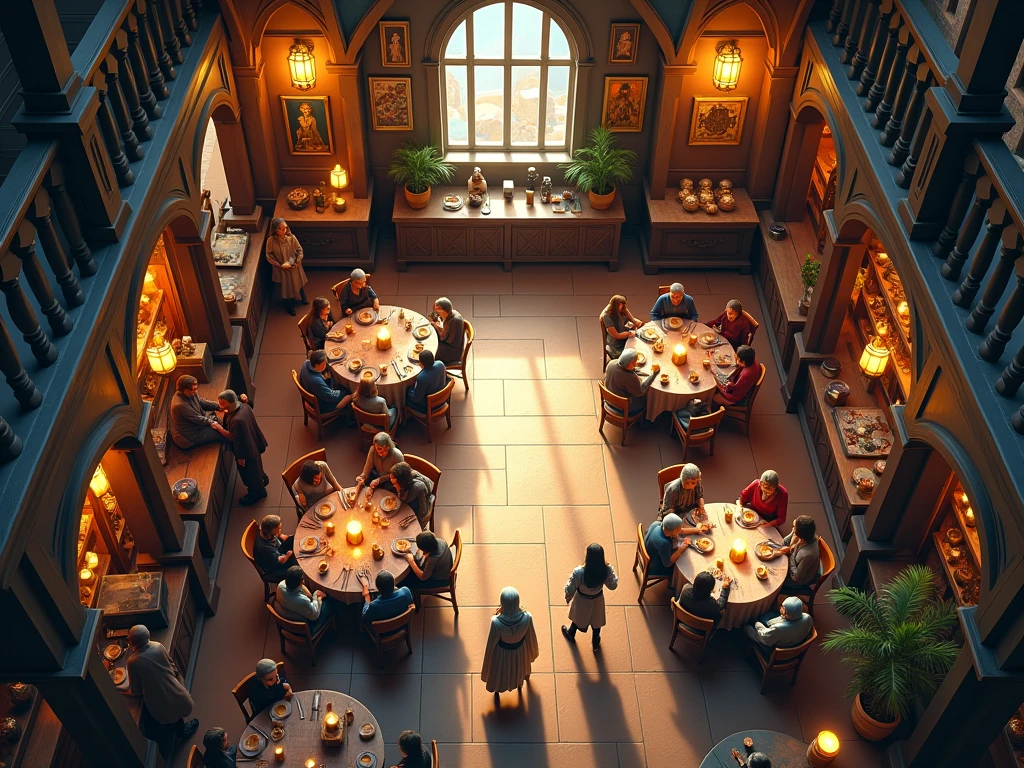 birdseye straight top-down shot from a drone, battle map of well lit breakfast tavern, dungeons and dragons, final fantasy, game art, (coherent architecture and interior, with realistic proportions and textures, intricate details, hand drawn, vibrant, cinematic lighting, masterpiece, 8k)