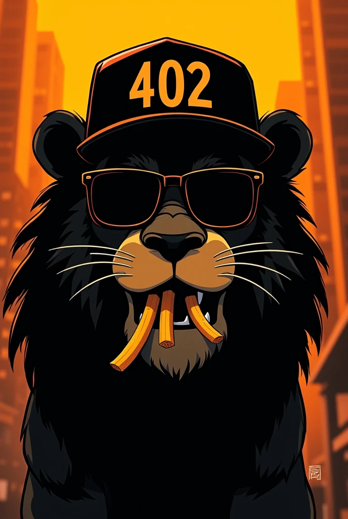 Silhouette of only the front face of an animated lion with an urban flow with completely dark square glasses and a backwards cap that transmits appetite with orange and black colors and on the cap put 402 showing only the silhouette of the face making with French fries in the mouth