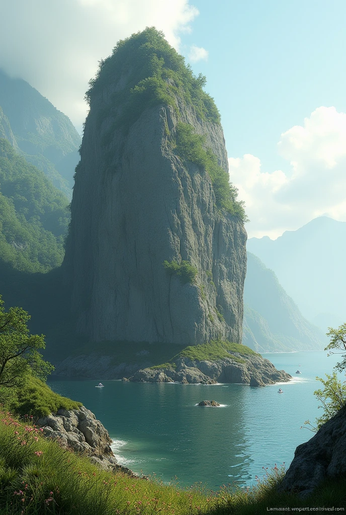 A bottle of perfume on a rock but without the perfume just the scenery