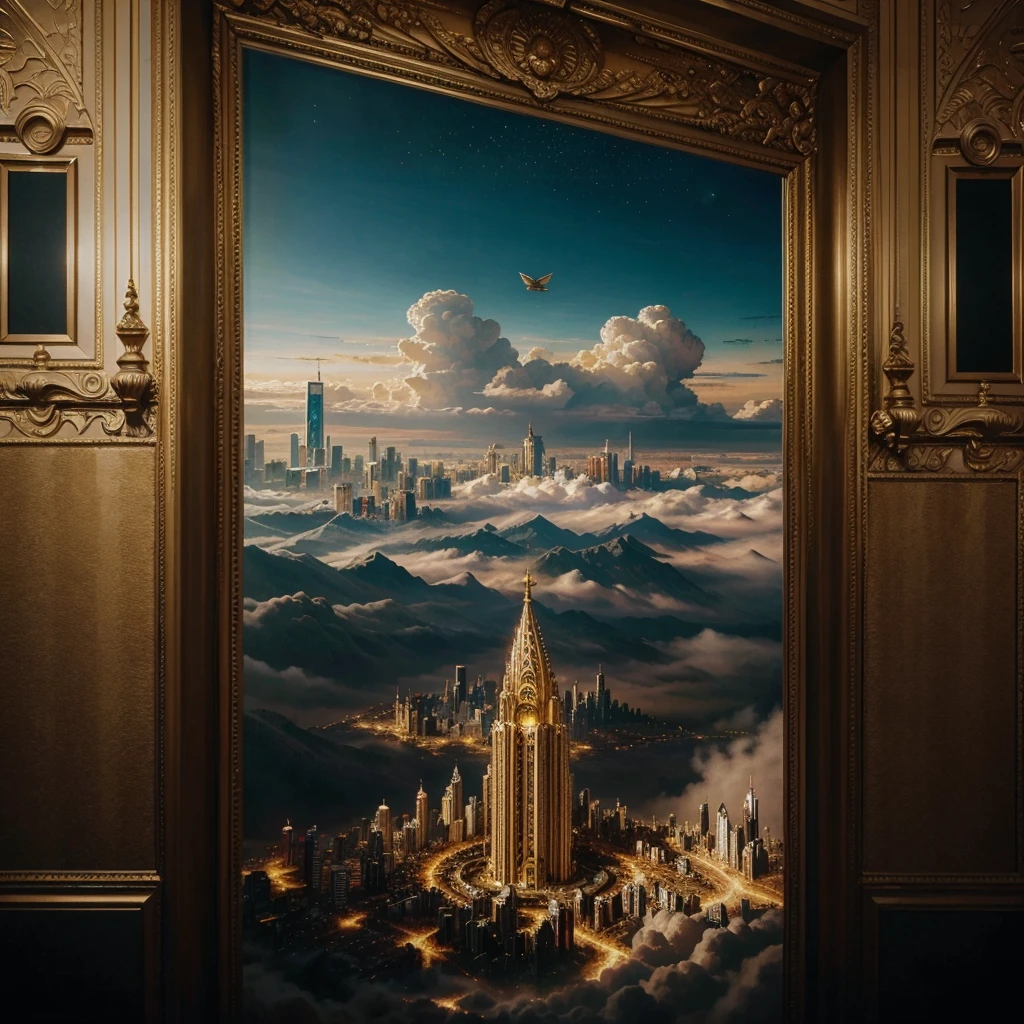 A painting of a city with angels flying around, internal、Empyrean City.Luxury Bank、golden cityscape, , Esoteric equation heaven, heaven on earth, Art, breathtaking,, Apocalyptic City, City in the clouds, Elaborate dark paint