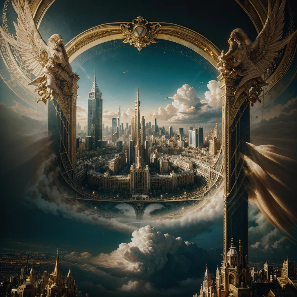 A painting of a city with angels flying around, internal、Empyrean City.Luxury Bank、golden cityscape, , Esoteric equation heaven, heaven on earth, Art, breathtaking,, Apocalyptic City, City in the clouds, Elaborate dark paint