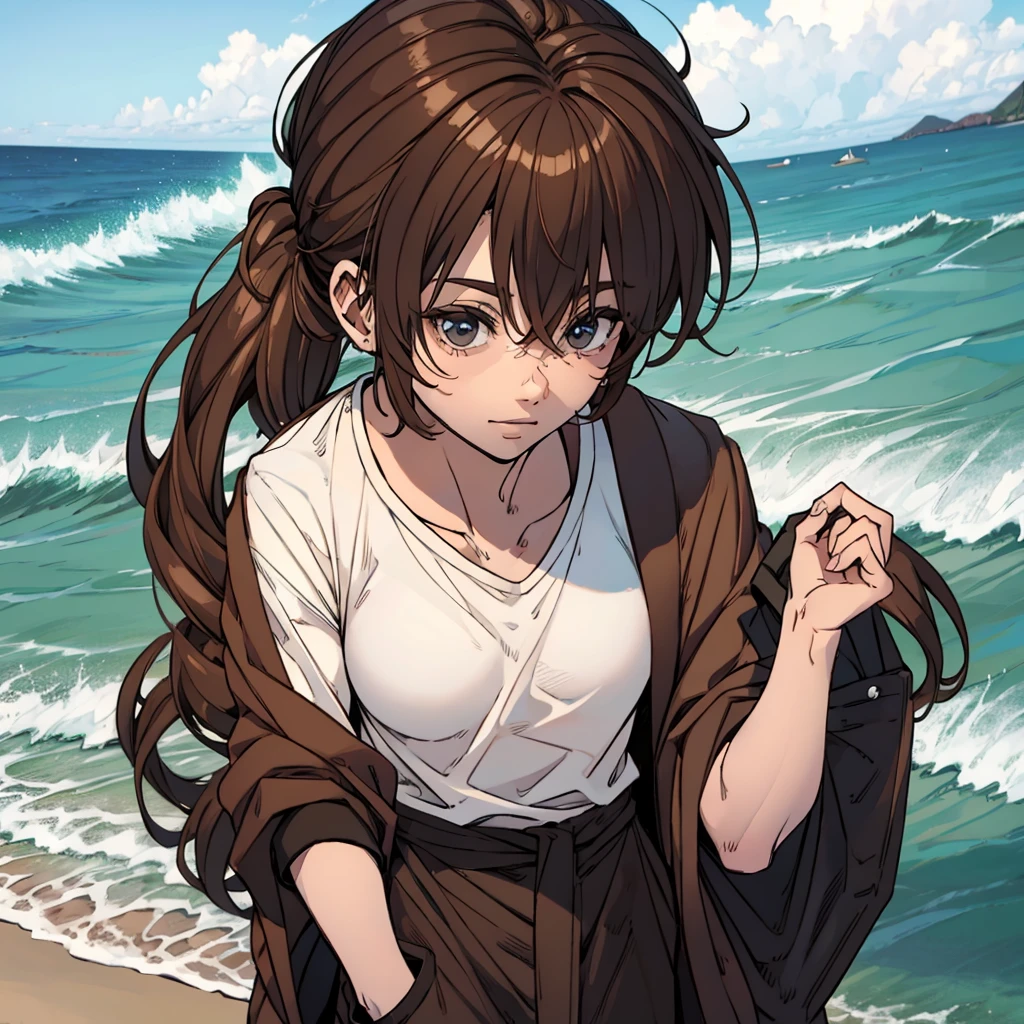 A beach man with a shirt, brown hair tied up, fully body