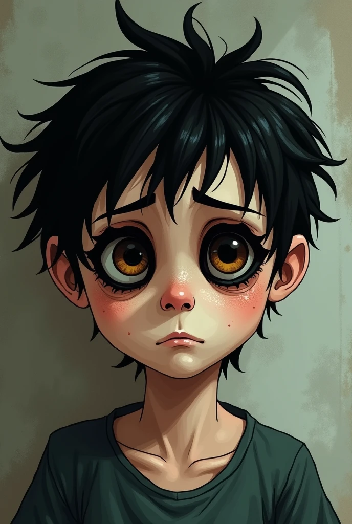 His black hair was messy and his face was tired., with dark circles that look like shipping containers: heavy and large, around his dark brown eyes. He was fifteen years old,
